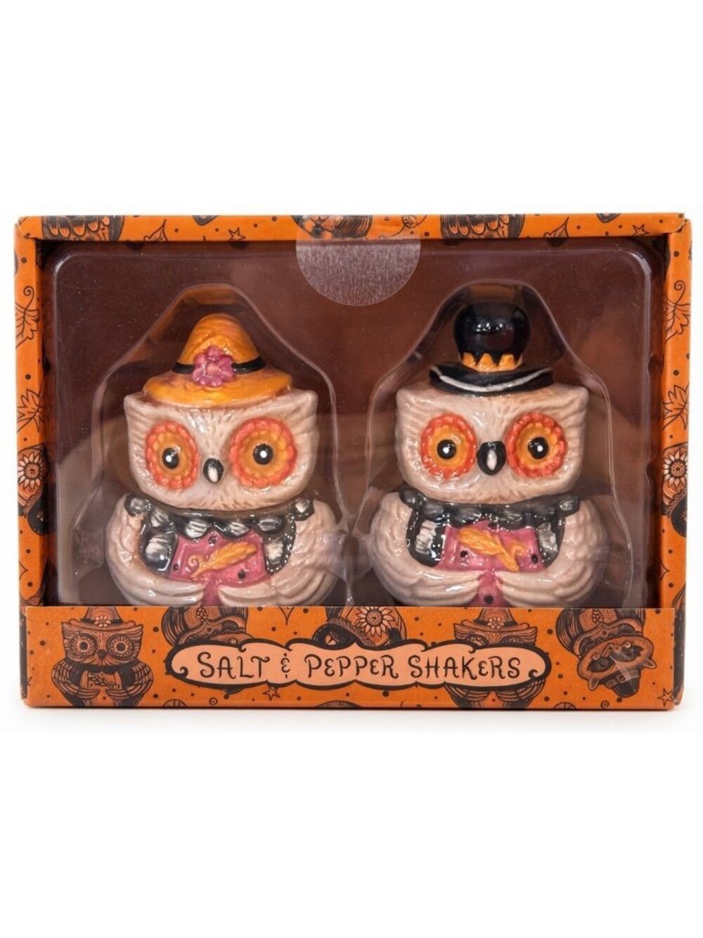 Johanna Parker Thanksgiving Owl Salt Pepper Shakers Witch Pilgrim Hats NIB